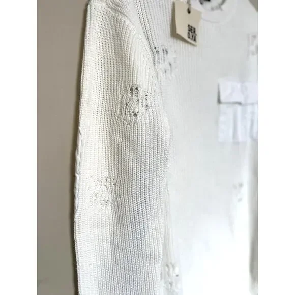 NWT SEROYA Retrofete White Distressed Knit Devin Sweater Oversized Size XS - Picture 5 of 10